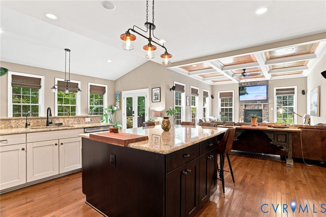 3655 Stone Harbor Drive, Midlothian, VA 23113 Spacious kitchen featuring an expansive center island with granite countertops, light-toned cabinetry, and wood-finish flooring