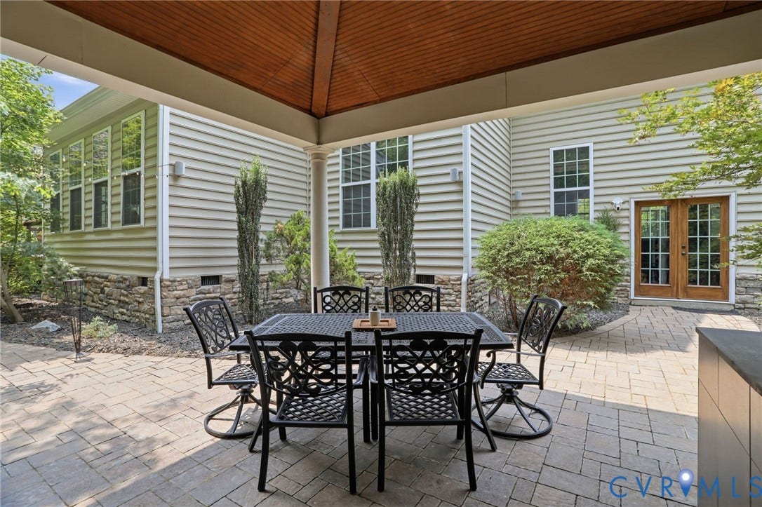 3655 Stone Harbor Drive, Midlothian, VA 23113 Covered patio area featuring a wood-finish ceiling, paver patio, full-light French doors, stone veneer foundation, and horizontal siding