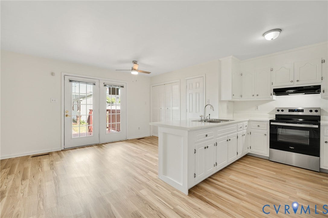 1723 Porter Street, Richmond, VA 23224 Open-concept kitchen and living area featuring wood-finish flooring, white cabinetry, and stainless steel appliances