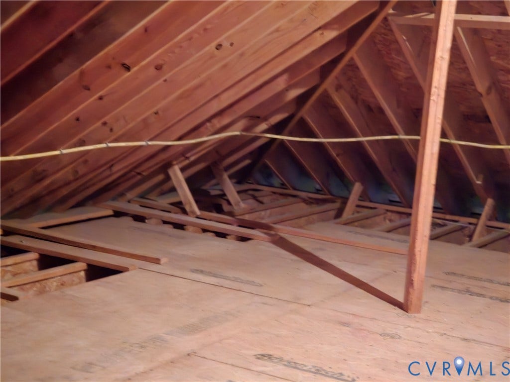 4401 Village Garden Circle, Chester, VA 23831 Open attic space featuring exposed wood rafter framing and plywood floor decking