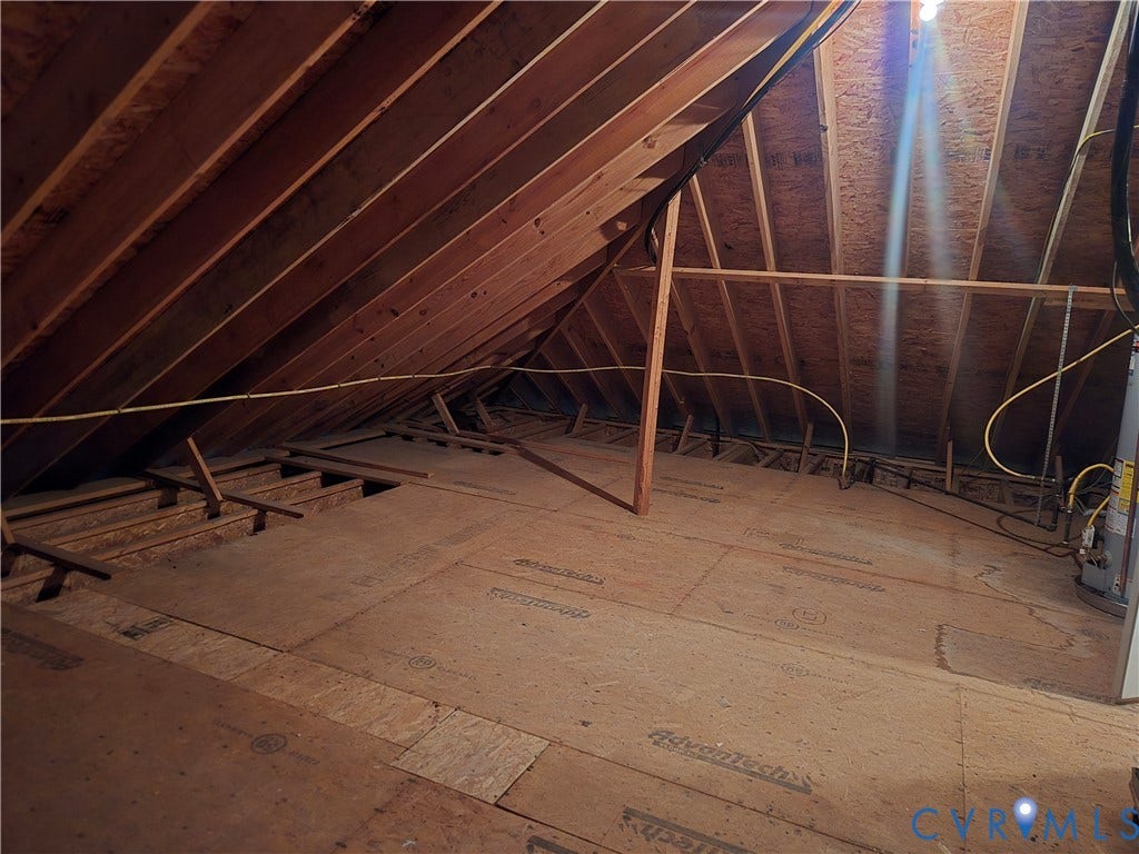 4401 Village Garden Circle, Chester, VA 23831 Partially floored attic space featuring exposed wood framing and a visible water heater