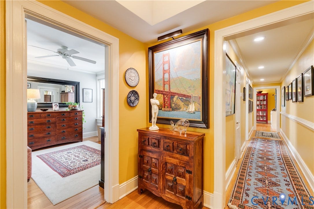 3006 Monument Avenue, #U2W, Museum District, Richmond, VA 23221 Hallway featuring wood-finish flooring, recessed lighting, crown molding, and an entryway to a room with a ceiling fan