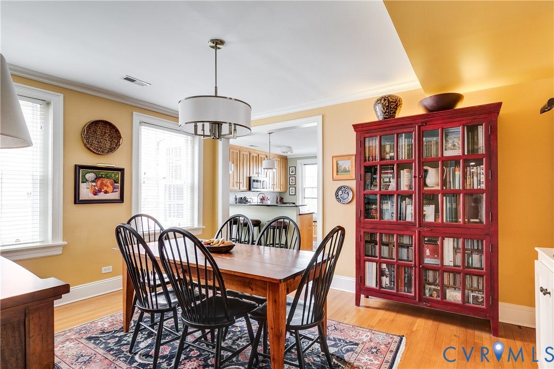 3006 Monument Avenue, #U2W, Museum District, Richmond, VA 23221 Dining area featuring wood-finish flooring, a drum pendant light fixture, and multiple windows with blinds