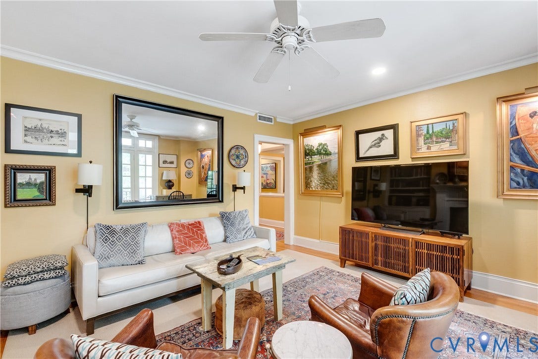 3006 Monument Avenue, #U2W, Museum District, Richmond, VA 23221 Living area featuring wood-finish flooring, crown molding, a ceiling fan, and recessed lighting