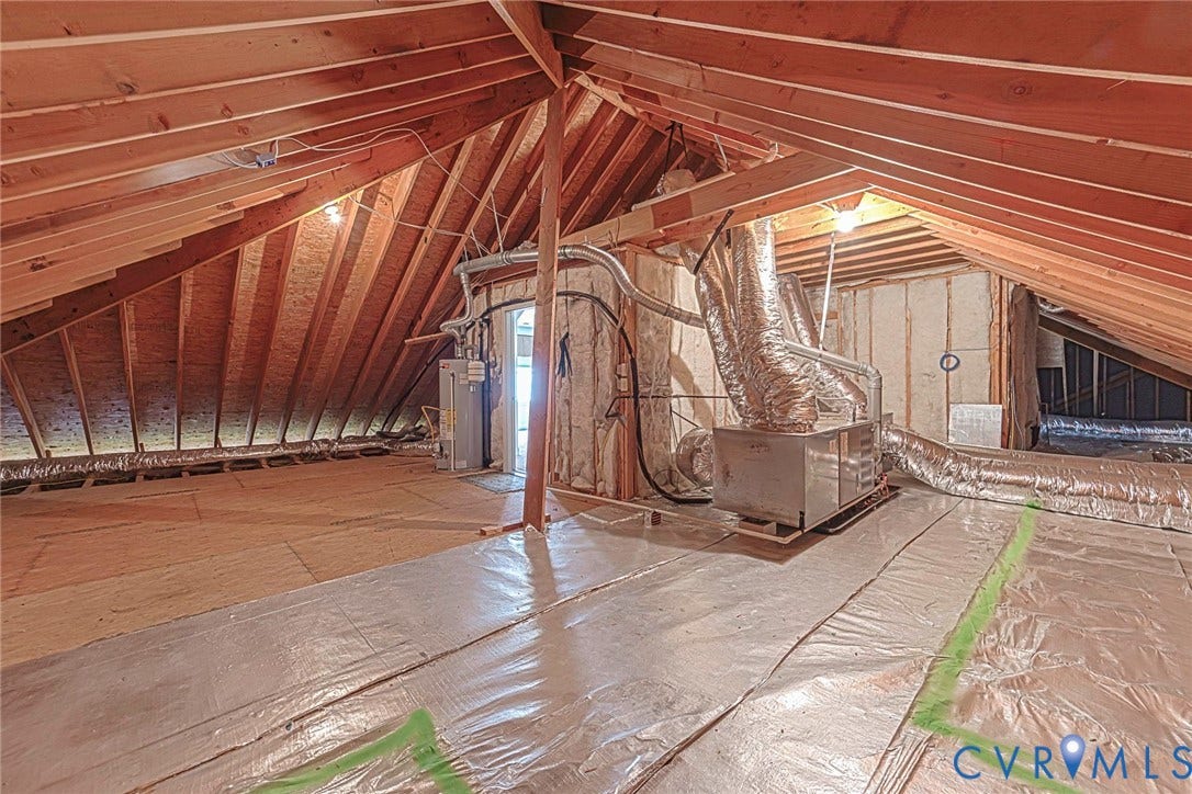4309 Village Creek Drive, Chester, VA 23831 Expansive attic space featuring exposed wood rafter framing, partial flooring, and insulated ductwork