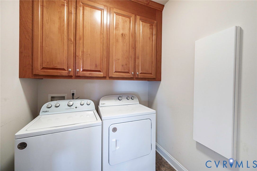 4309 Village Creek Drive, Chester, VA 23831 Dedicated laundry area featuring custom wood cabinetry, neutral wall color, and built in ironing board