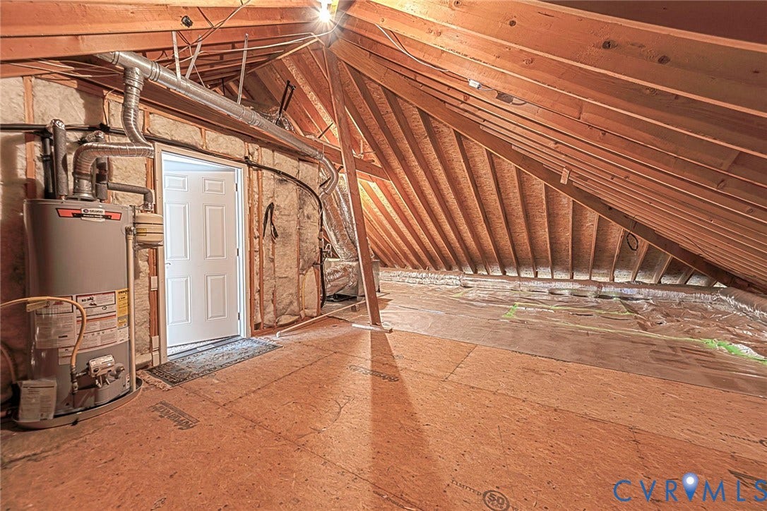 4309 Village Creek Drive, Chester, VA 23831 Spacious attic featuring exposed wood rafters, partial plywood flooring.