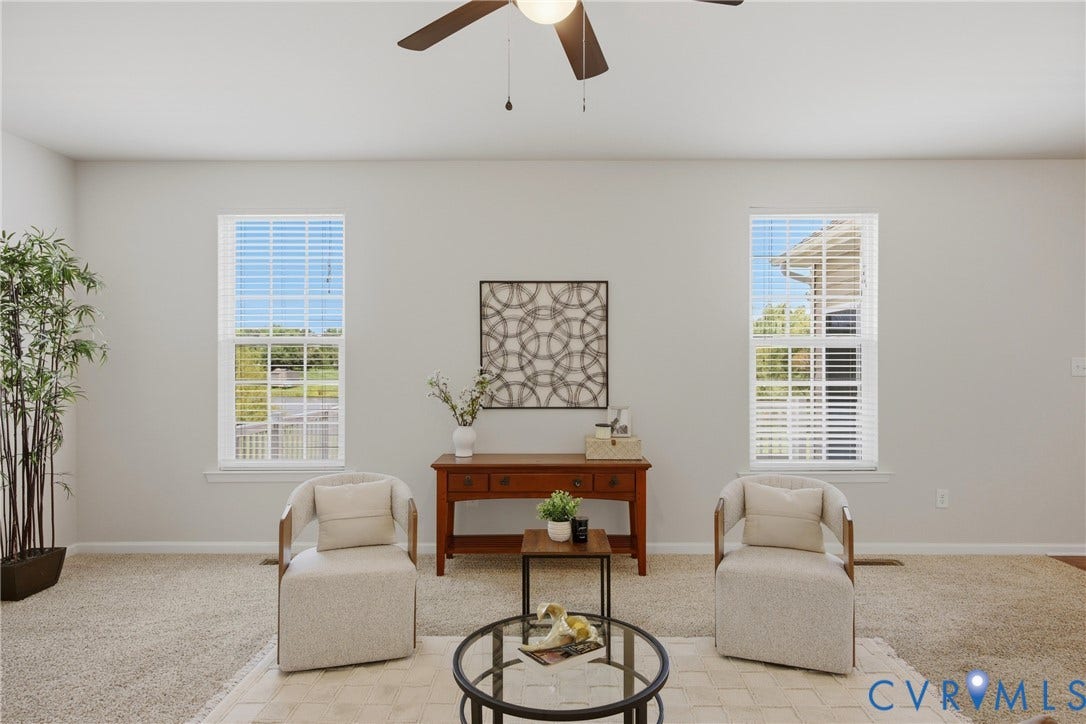 1819 White Mountain Drive, Mount Blanco On The James, Chester, VA 23836 Spacious interior featuring light-colored walls, overhead ceiling fan, and two large windows with blinds