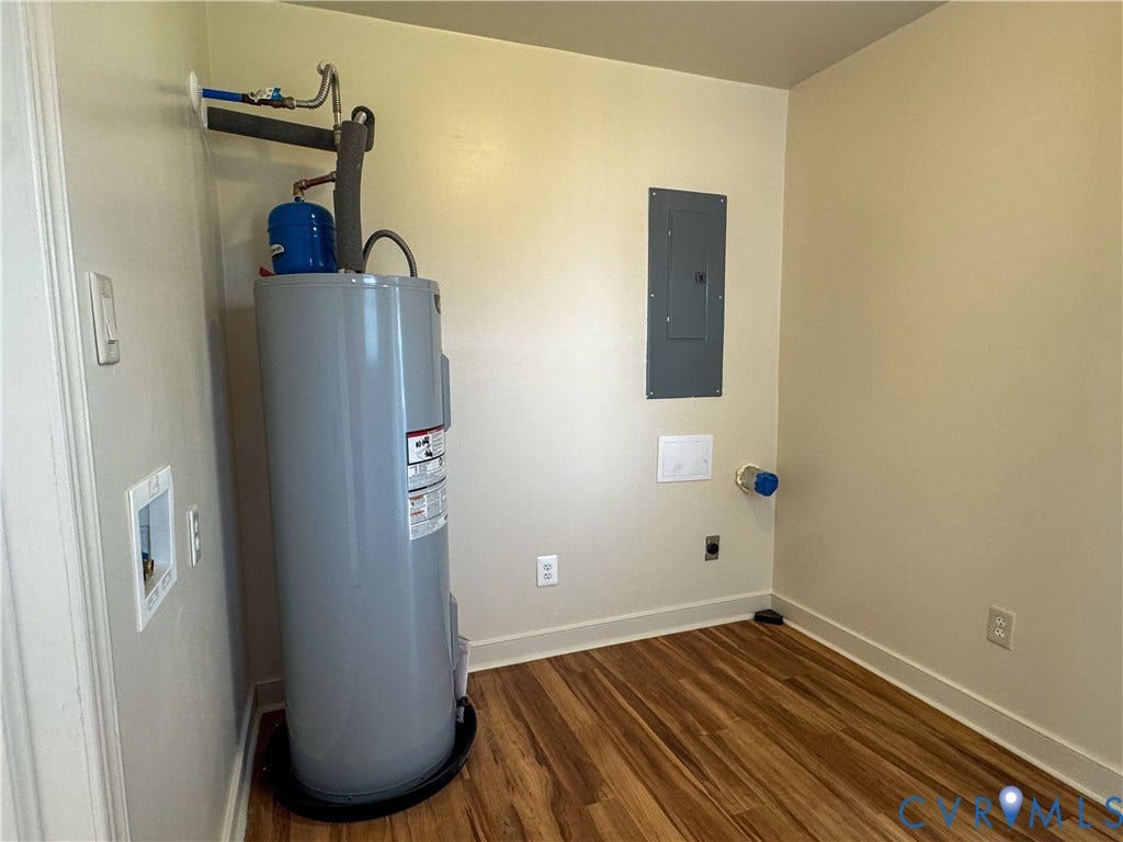 Utility area featuring a water heater, electrical panel, and wood-finish flooring