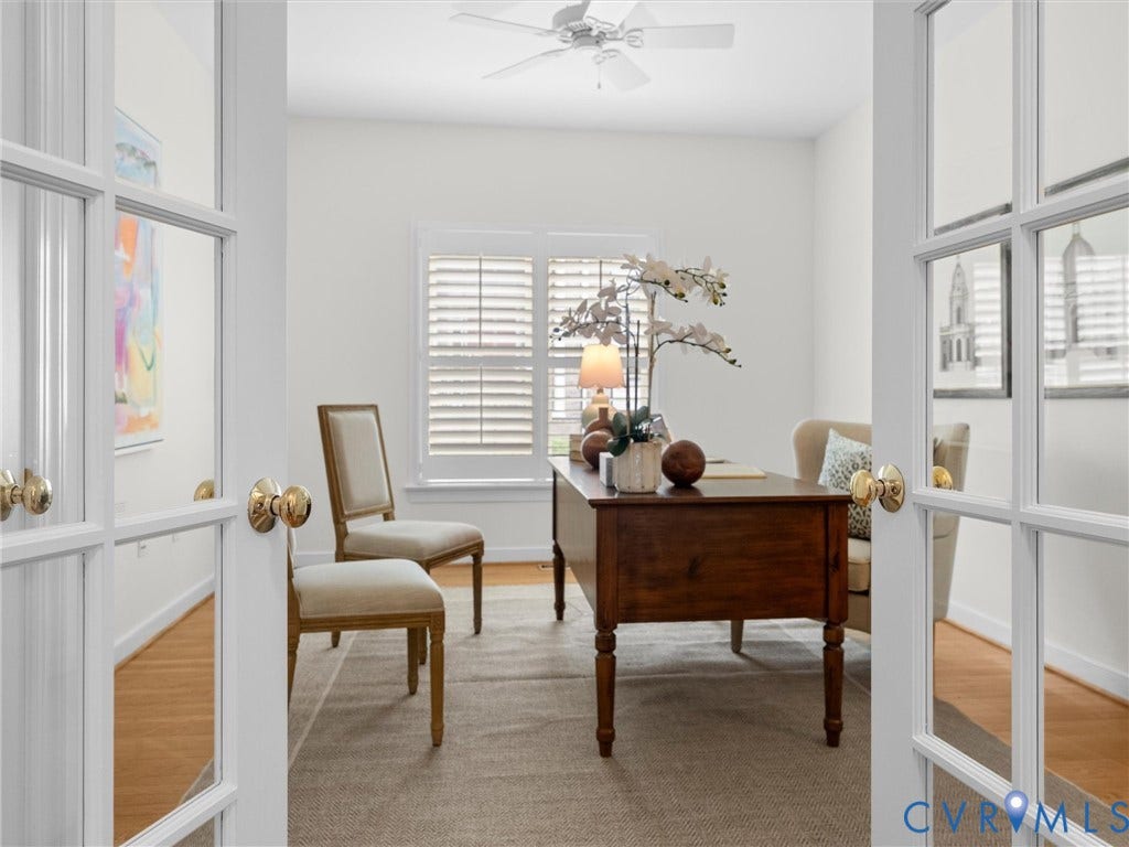2214 Founders View Lane, Fb Golf Villas, Powhatan, VA 23113 French doors opening to a versatile room featuring plantation shutters, a ceiling fan, and wood-finish flooring