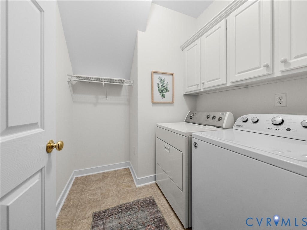 2214 Founders View Lane, Fb Golf Villas, Powhatan, VA 23113 Dedicated laundry area featuring a tile floor, white shaker-style cabinetry, and a wire shelving system