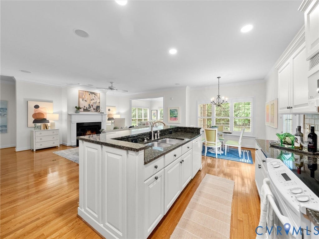 2214 Founders View Lane, Fb Golf Villas, Powhatan, VA 23113 Kitchen island featuring a dual-basin sink and dark stone countertop