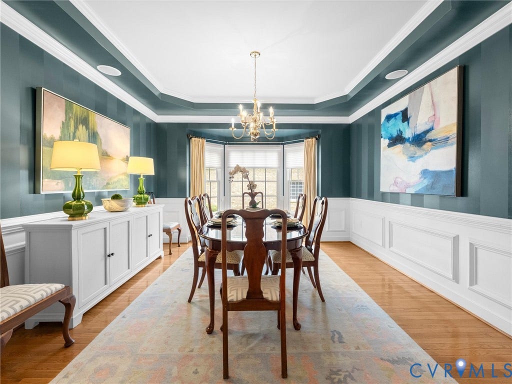 2214 Founders View Lane, Fb Golf Villas, Powhatan, VA 23113 Dining room featuring two-tone striped walls, extensive white wainscoting, and a tray ceiling with crown molding