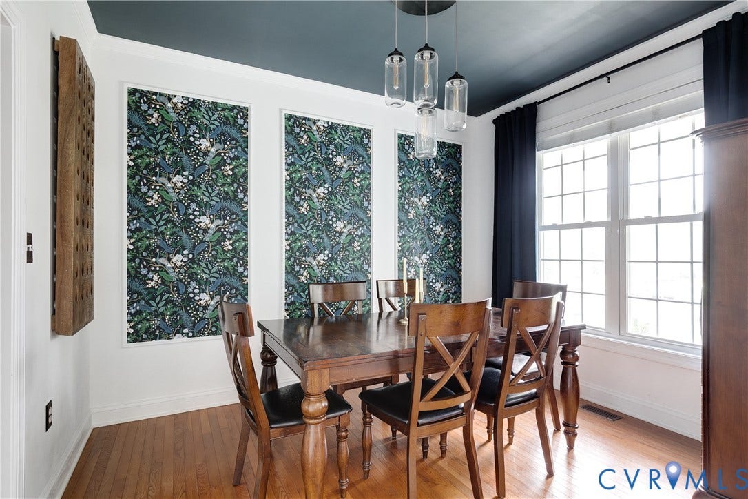 4907 Winding Branch Road, Moseley, VA 23120 Dining area with hardwood flooring and professional high end wallpaper accents