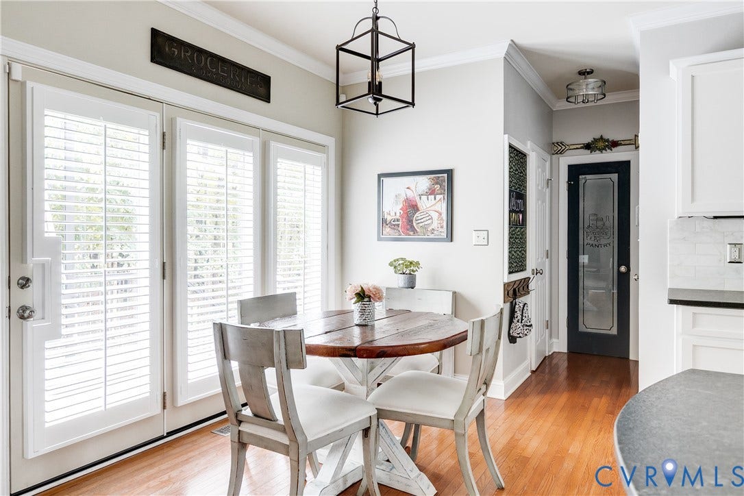 4907 Winding Branch Road, Moseley, VA 23120 Hardwood flooring in the eat in kitchen, with plantation shutters leading out to trex deck/backyard