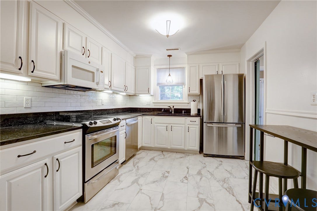 1401 Chowan Road, Henrico, VA 23229 Kitchen featuring white cabinetry, dark countertops, a white subway tile backsplash, stainless steel appliances, and marble-look flooring