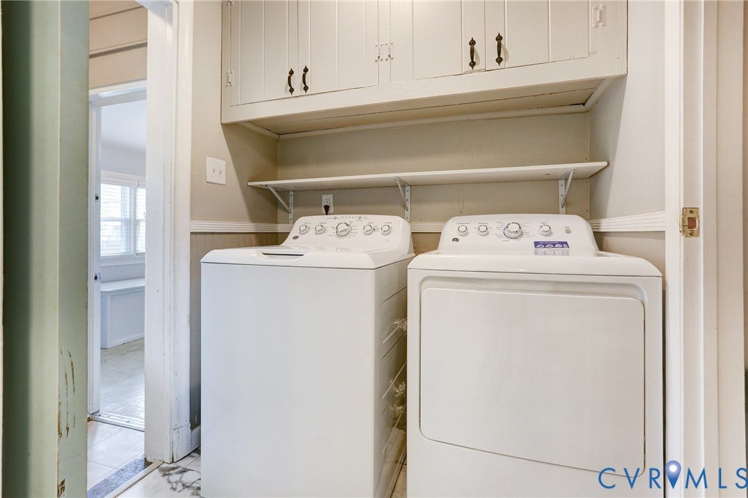 1401 Chowan Road, Henrico, VA 23229 Dedicated laundry area featuring a built-in upper cabinet with dark hardware, an open shelf, and wainscoting