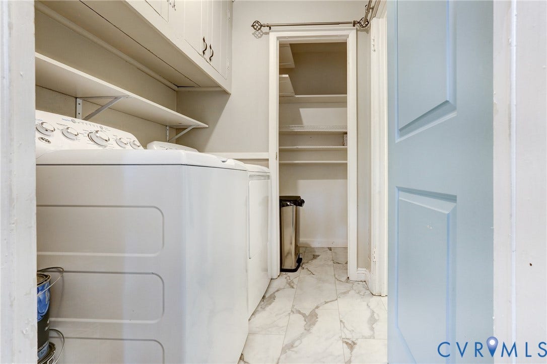 1401 Chowan Road, Henrico, VA 23229 Dedicated laundry area featuring a top-load washer, built-in shelving, white cabinetry, and marble-look tile flooring