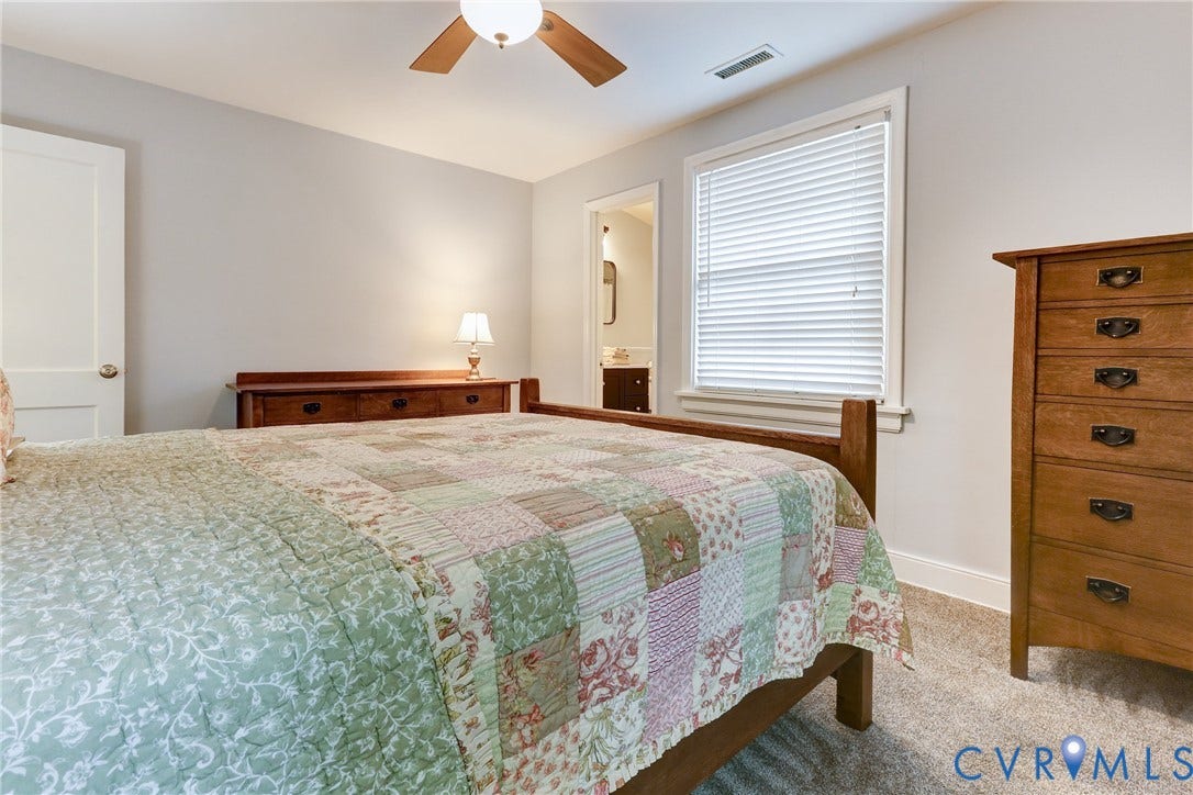 1401 Chowan Road, Henrico, VA 23229 Carpeted room featuring a white interior door, a single window with blinds, and an overhead ceiling fan with lighting