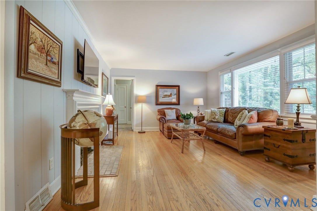 1401 Chowan Road, Henrico, VA 23229 Living area featuring wood-finish flooring, a white mantelpiece, and large windows with blinds
