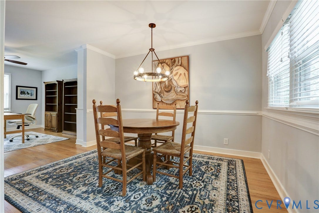 1401 Chowan Road, Henrico, VA 23229 Dining area featuring light wood-finish flooring, a contemporary chandelier, and window blinds