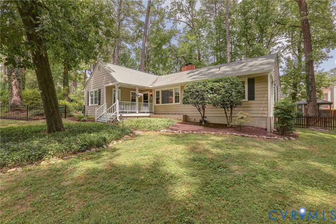 1401 Chowan Road, Henrico, VA 23229 Single-story residence featuring light-colored siding, a covered porch with white railings, and dark shuttered windows
