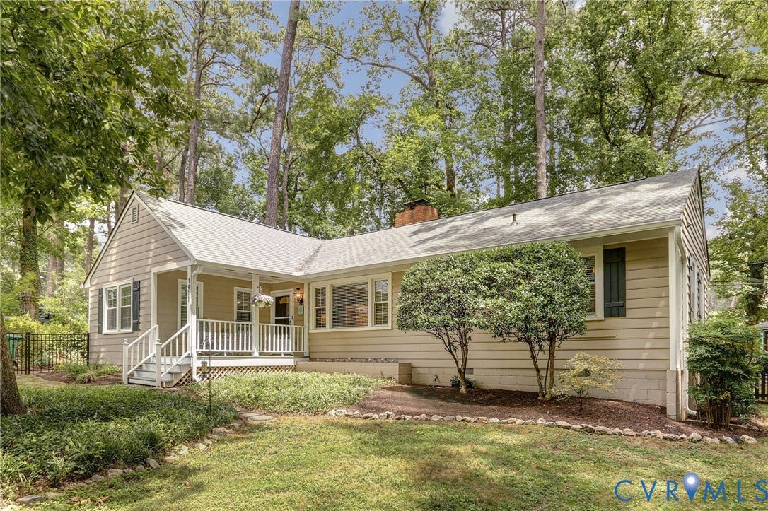 1401 Chowan Road, Henrico, VA 23229 Exterior featuring light-colored siding, a covered porch with white railings, a gray shingle roof, and dark window shutters