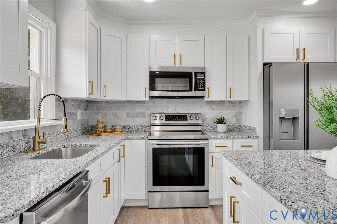 3508 Jefferson Landing Road, #R, Powhatan, VA 23139 White cabinetry with gold-finish hardware, stainless steel appliances, granite countertops, and a tiled backsplash