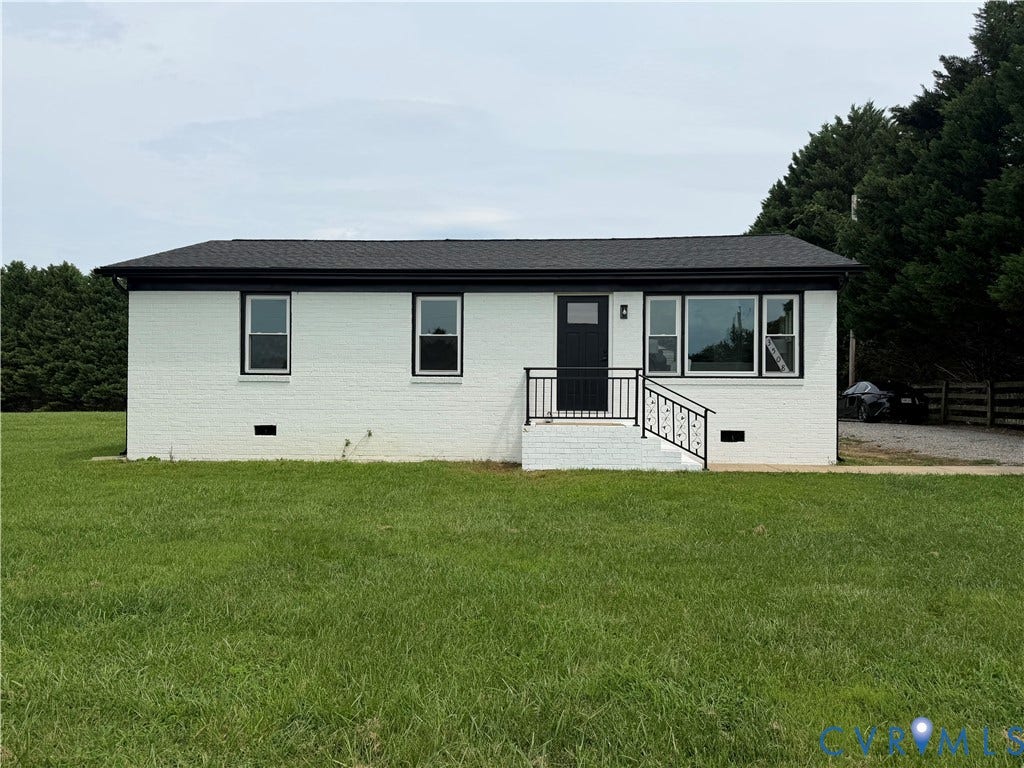 3508 Jefferson Landing Road, #R, Powhatan, VA 23139 White brick exterior with black trim windows, a black front door, and a black shingle roof