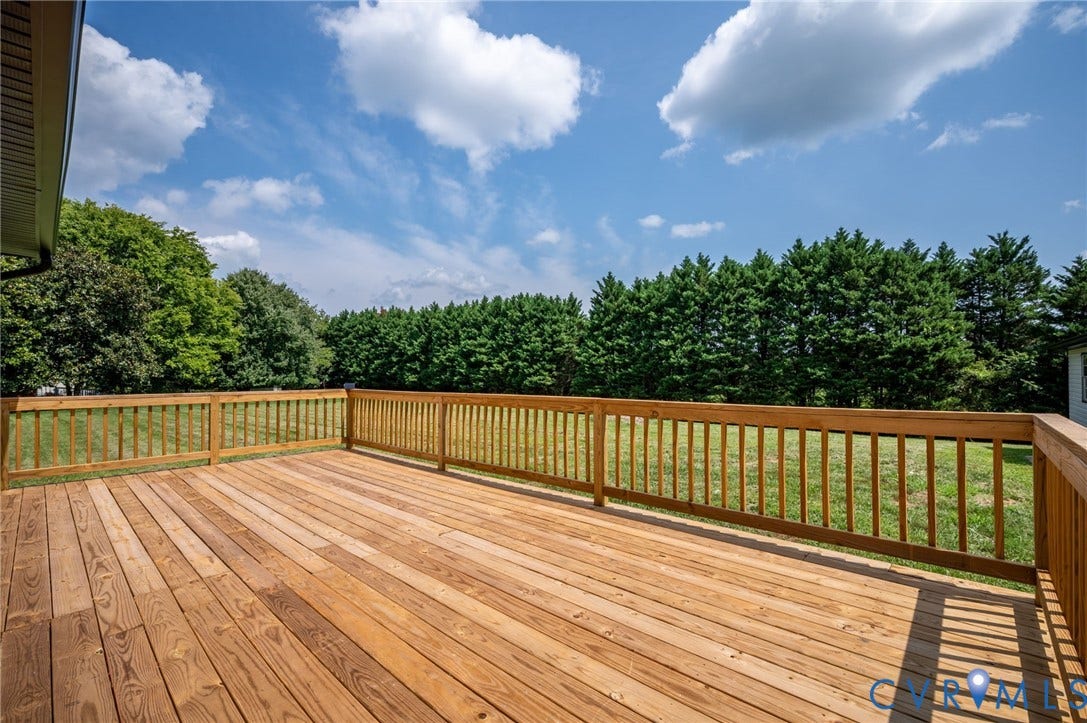 3508 Jefferson Landing Road, #R, Powhatan, VA 23139 Expansive composite deck with horizontal wood-finish decking and matching railings overlooking mature tree line and open grounds