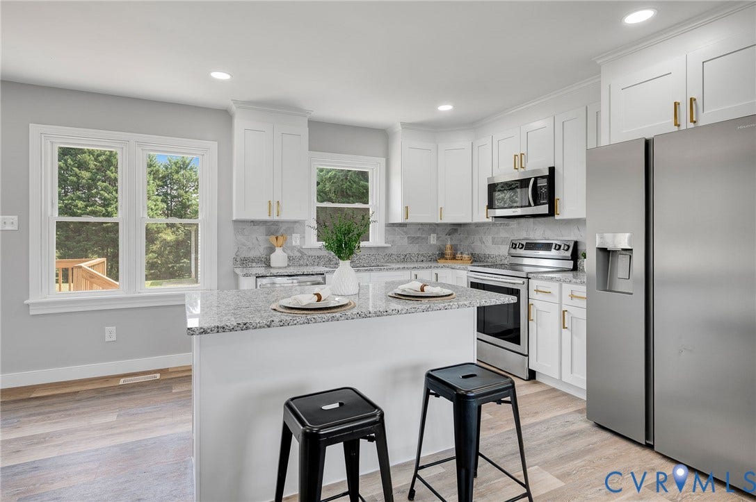 3508 Jefferson Landing Road, #R, Powhatan, VA 23139 Kitchen featuring white shaker cabinetry, stainless steel appliances, granite countertops, and wood-finish flooring