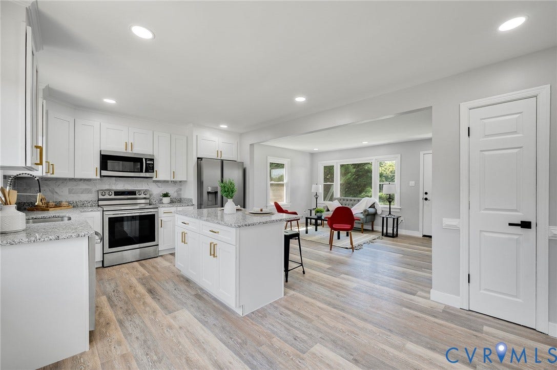 3508 Jefferson Landing Road, #R, Powhatan, VA 23139 Stainless steel appliances, white cabinetry with gold-tone hardware, a kitchen island with a stone-finish countertop, wood-finish flooring, and recessed lighting