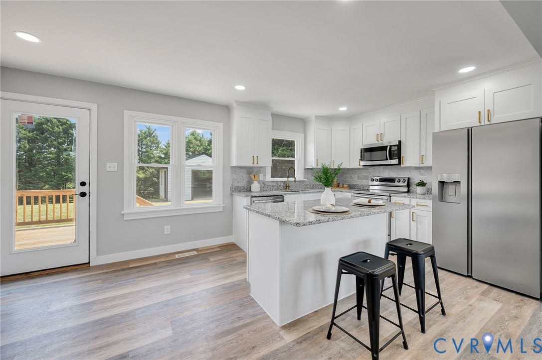 3508 Jefferson Landing Road, #R, Powhatan, VA 23139 Kitchen featuring white cabinetry, granite countertops, stainless steel appliances, wood-finish flooring, and a glass-paneled door to a deck
