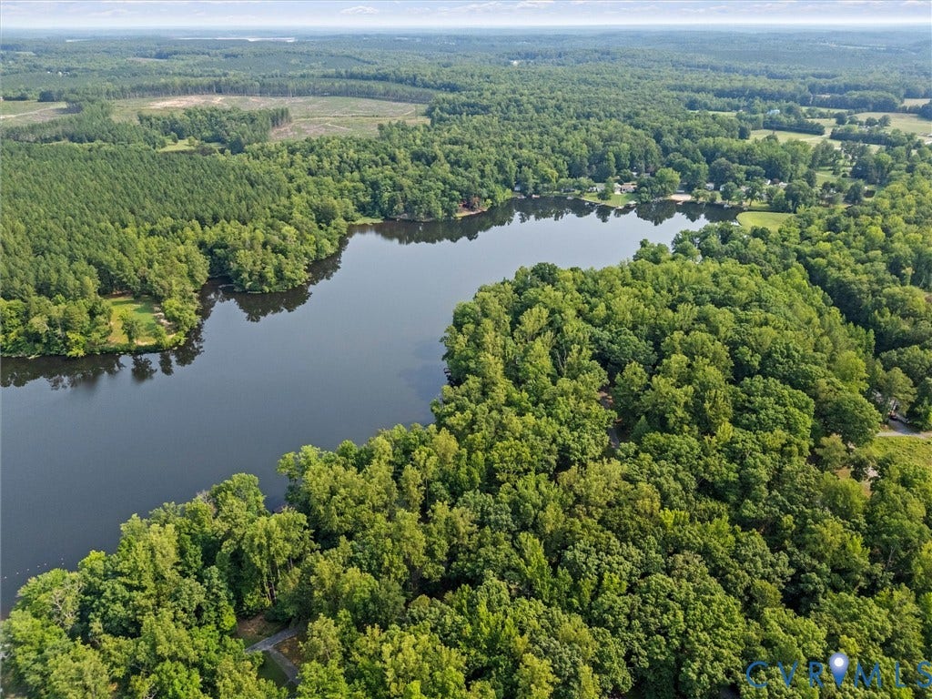 Expansive lakefront property surrounded by lush green forests and clearings
