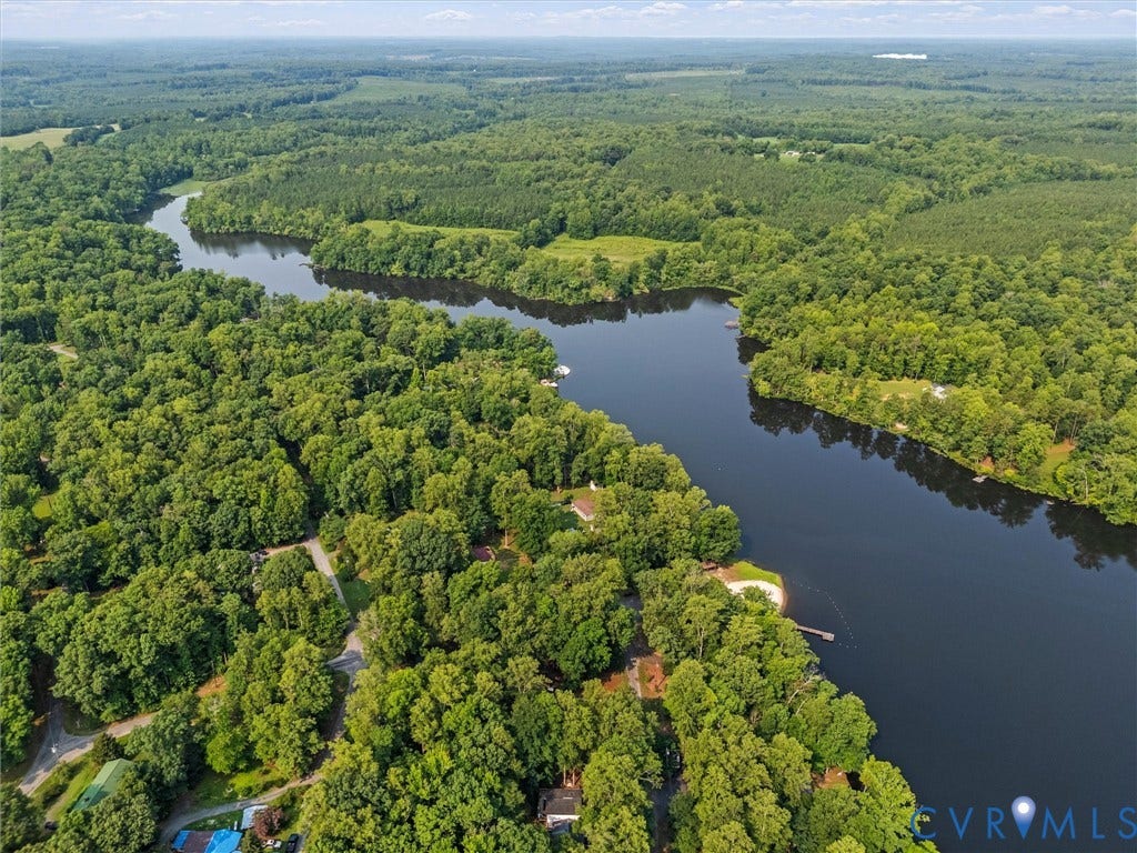 Expansive waterfront property featuring a winding river, dense mature tree coverage, and multiple private docks