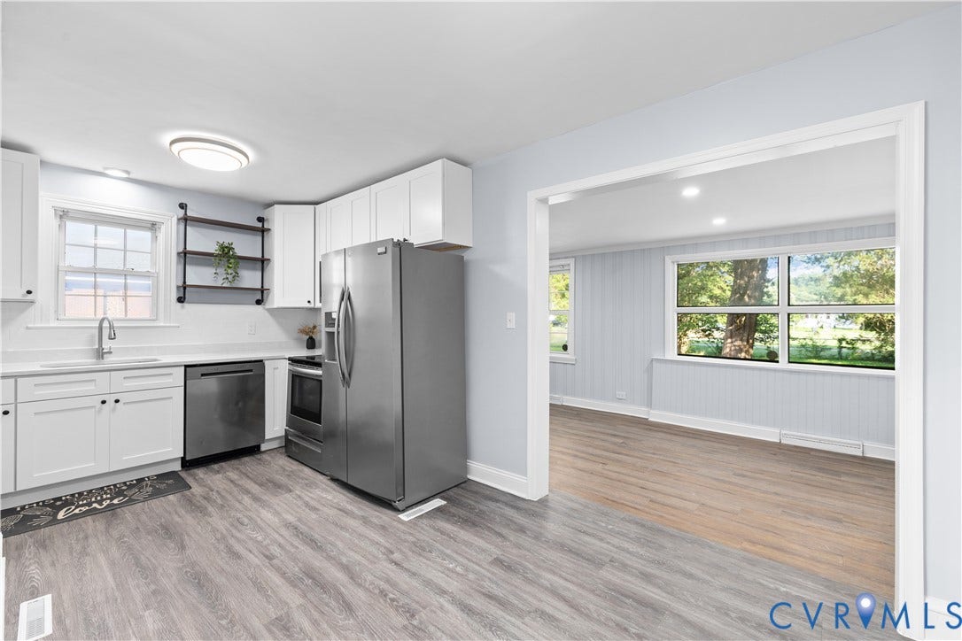 3516 Virginia Street, Woodlawn, Hopewell, VA 23860 Updated kitchen featuring white shaker cabinetry, stainless steel appliances, and wood-finish flooring