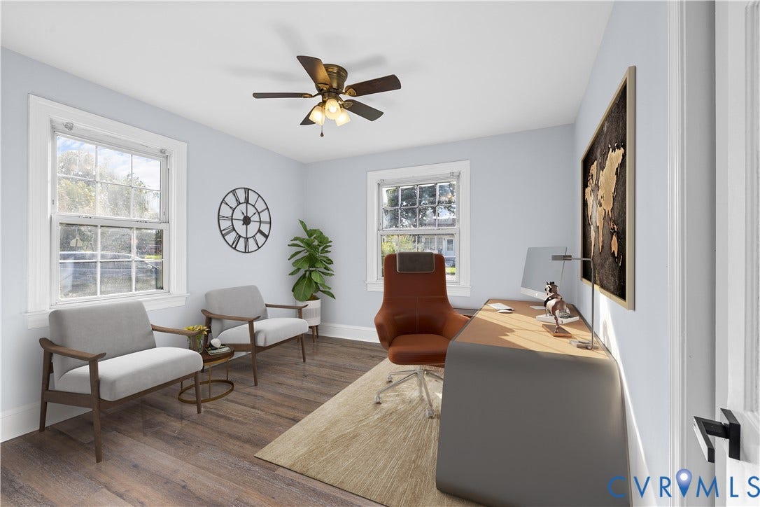3516 Virginia Street, Woodlawn, Hopewell, VA 23860 (Virtually-Staged) Wood-finish flooring, multiple windows, ceiling fan with integrated lighting, and light-colored walls