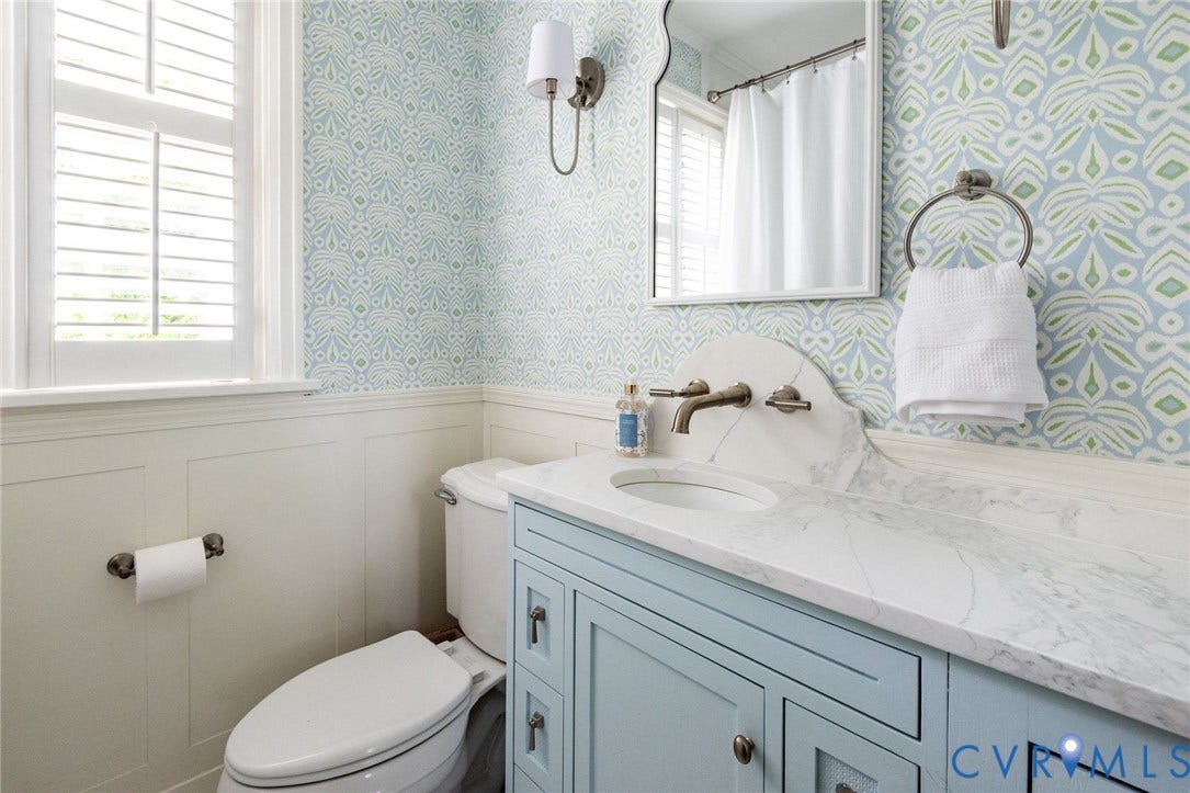 3912 Park Avenue, Malvern Gardens, Richmond, VA 23221 NEW Bathroom featuring a custom light blue vanity with quartz countertop, undermount sink, and wall-mounted faucet w/custom backsplash. Beautiful finishes