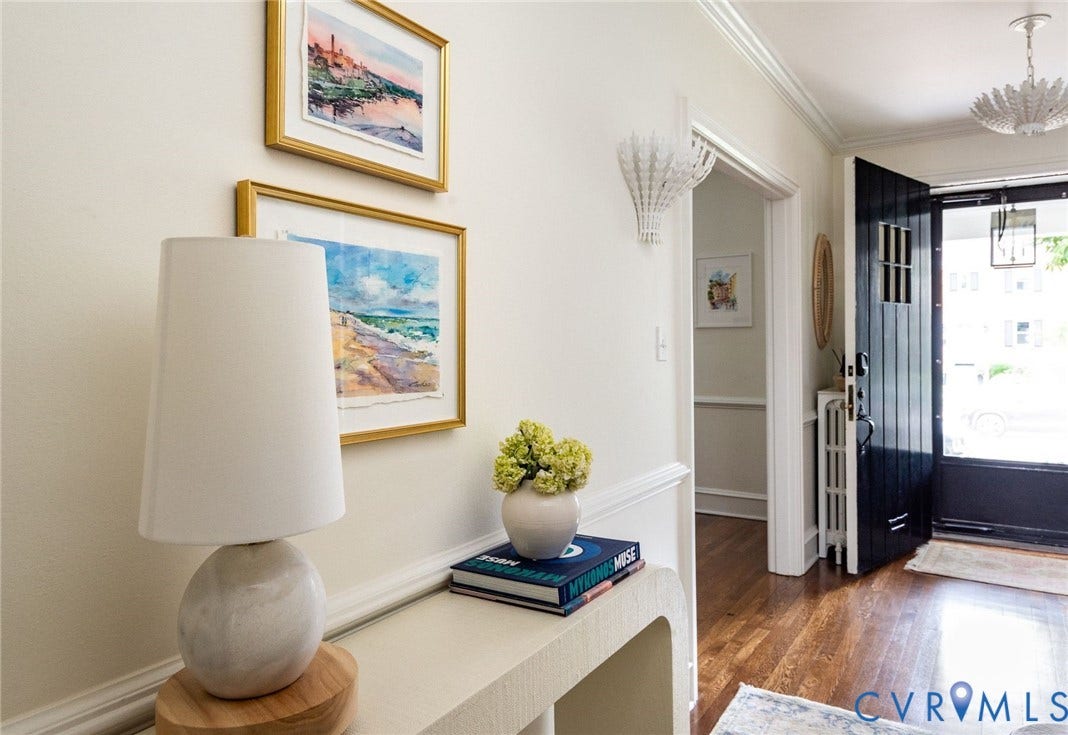 3912 Park Avenue, Malvern Gardens, Richmond, VA 23221 Bright and open with 8.5' ceilings, white crown molding, a dark paneled door with glass inserts, and Visual Comfort decorative ceiling light fixture and wall sconce