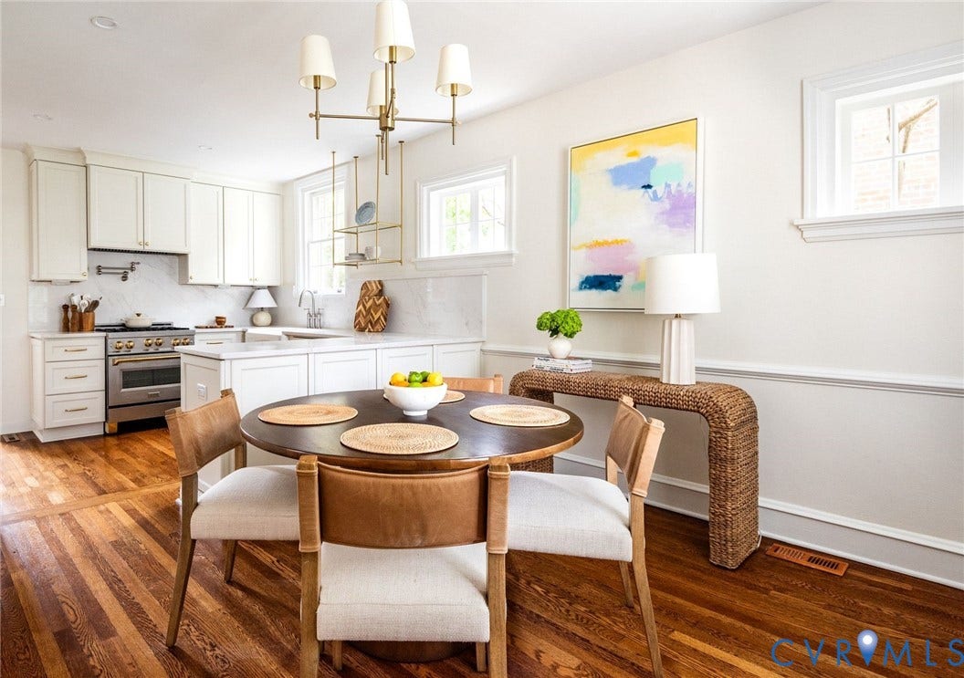3912 Park Avenue, Malvern Gardens, Richmond, VA 23221 Kitchen and dining area featuring refinished hardwood flooring, white cabinetry, stainless steel range w/gold accents, ample counterspace, and a decorative brass chandelier