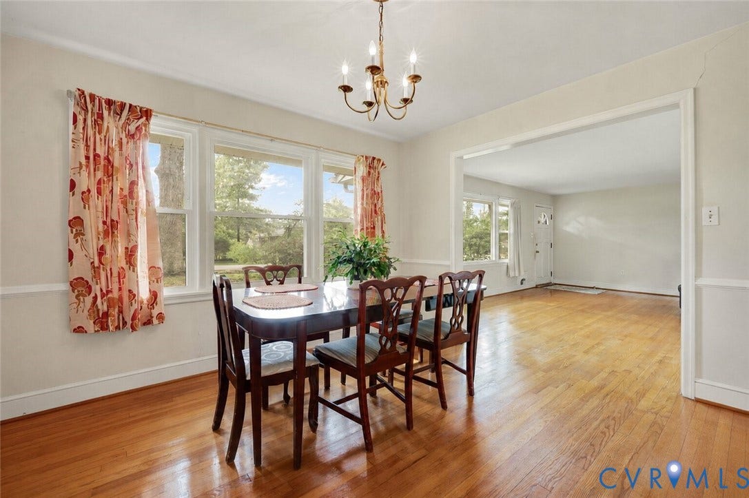 1910 Fon Du Lac Road, Henrico, VA 23229 Bright interior space featuring wood-finish flooring, a multi-pane window configuration, and an overhead chandelier light fixture