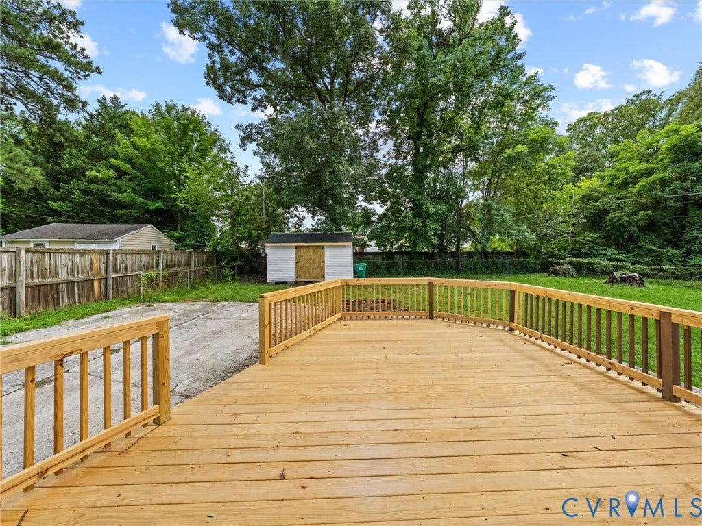 507 Grayson Avenue, Richmond, VA 23222 Expansive wooden deck with natural wood railing, overlooking a fenced backyard with mature trees