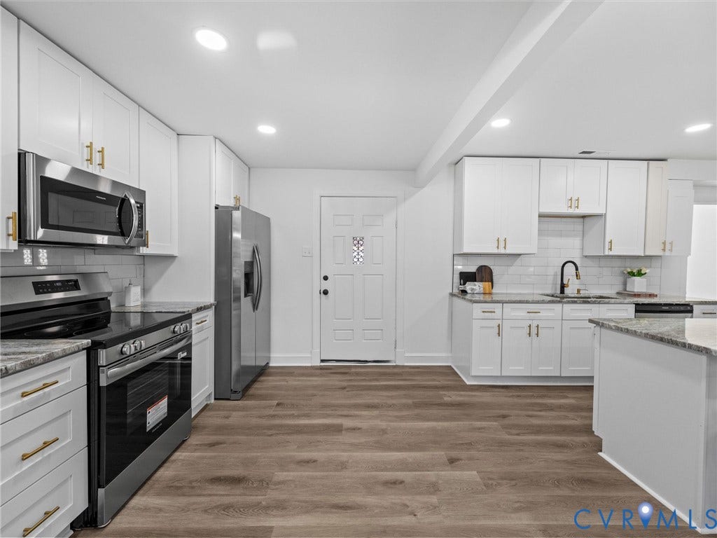 507 Grayson Avenue, Richmond, VA 23222 Contemporary kitchen featuring white cabinetry, stainless steel appliances, granite countertops, and wood-finish flooring