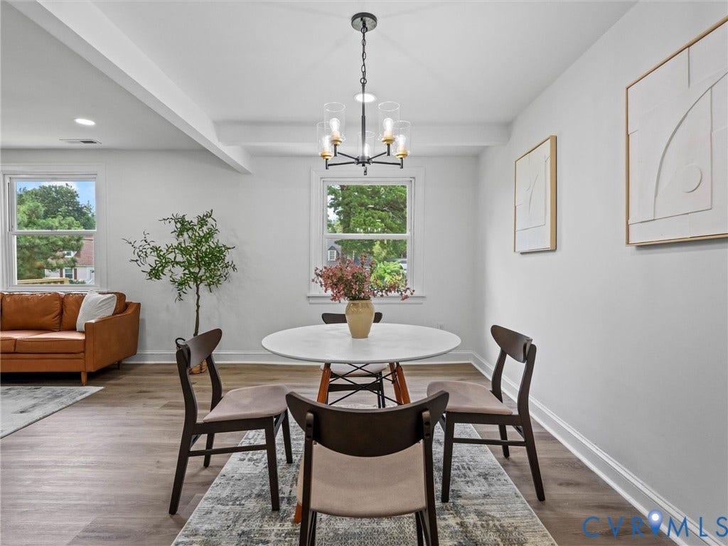 507 Grayson Avenue, Richmond, VA 23222 Bright dining area featuring a contemporary chandelier, wood-finish flooring, recessed lighting, and crisp white trim