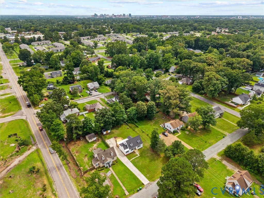 507 Grayson Avenue, Richmond, VA 23222 Aerial perspective showcasing a residential neighborhood with a distant cityscape