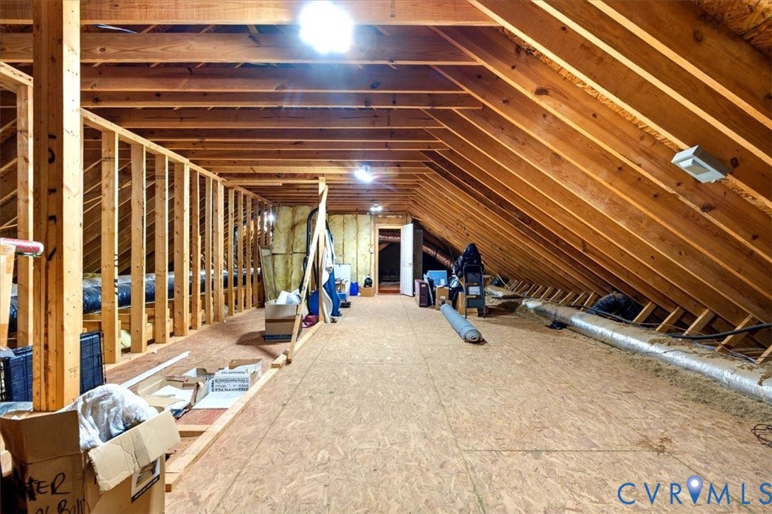 Spacious attic featuring exposed wood beams, wood-finish flooring, and structural framing