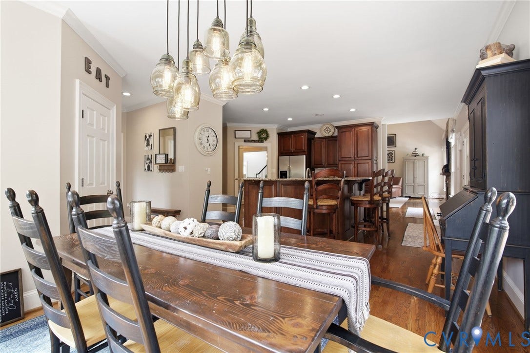 435 Shadow Creek Lane, Manakin Sabot, VA 23103 Dining area featuring a multi-light pendant fixture, wood-finish flooring, and a kitchen pass-through with counter seating