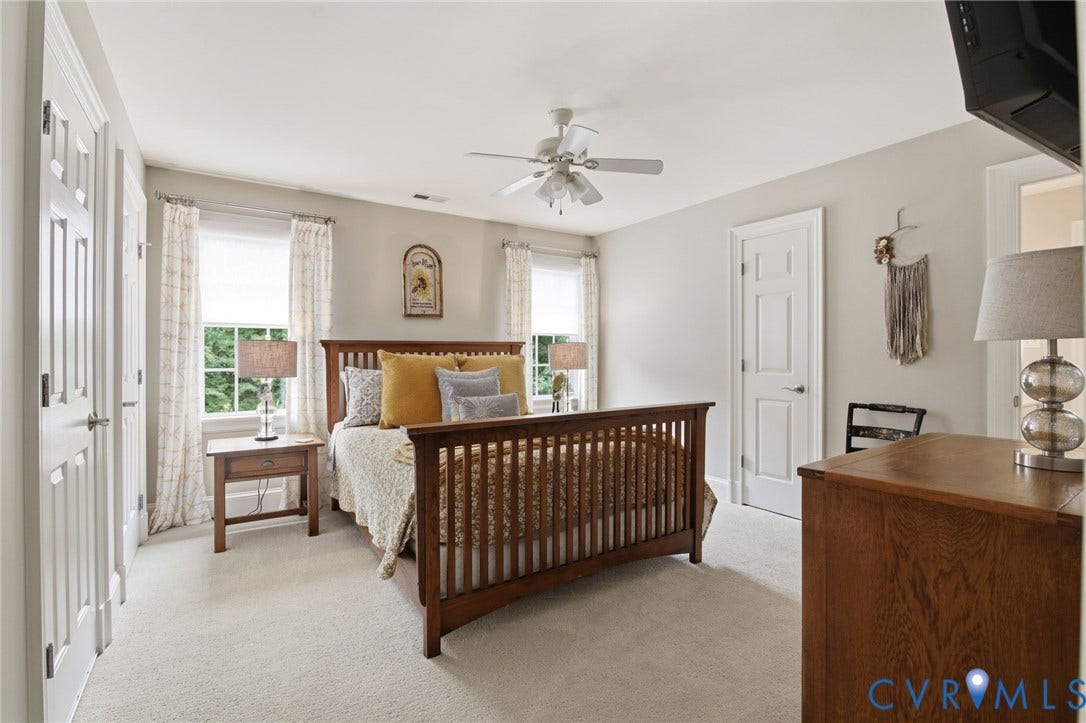 435 Shadow Creek Lane, Manakin Sabot, VA 23103 Carpeted room featuring a ceiling fan, two windows with window treatments, and two paneled doors