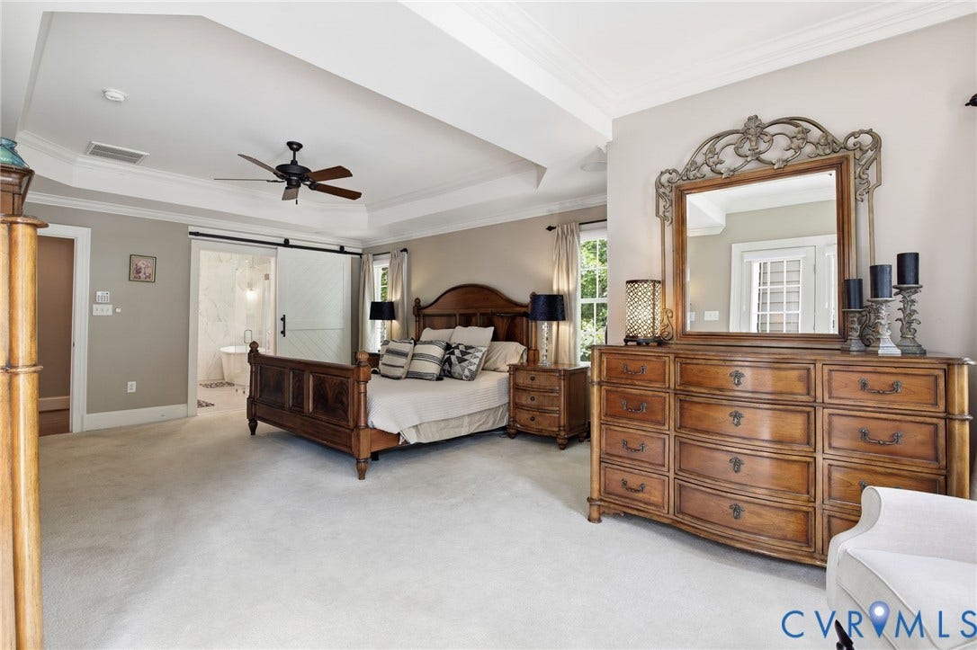 435 Shadow Creek Lane, Manakin Sabot, VA 23103 Spacious room featuring tray ceilings, light carpet flooring, and a ceiling fan