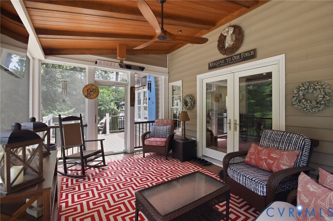 435 Shadow Creek Lane, Manakin Sabot, VA 23103 Screened porch with wood-finish ceiling and exposed beams, featuring a ceiling fan, direct access to an exterior deck, and double glass-paneled doors